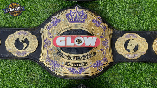 GLOW custom championship title belt with gold plates, black leather strap, engraved logo Manufacture by Royal Belts