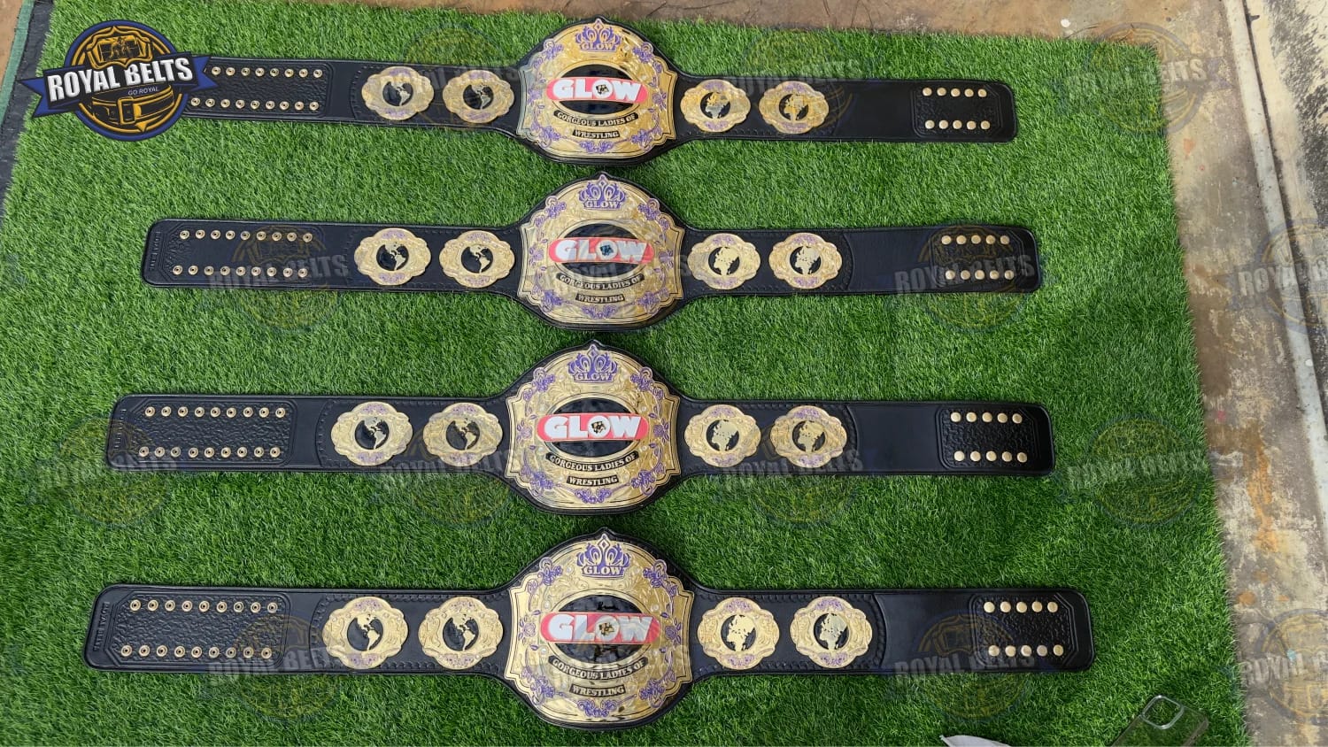 GLOW championship belt featuring layered metal plates and polished gold finish Handmade by Royal Belts