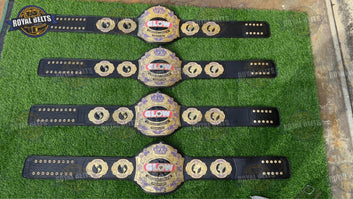 GLOW championship belt featuring layered metal plates and polished gold finish Handmade by Royal Belts