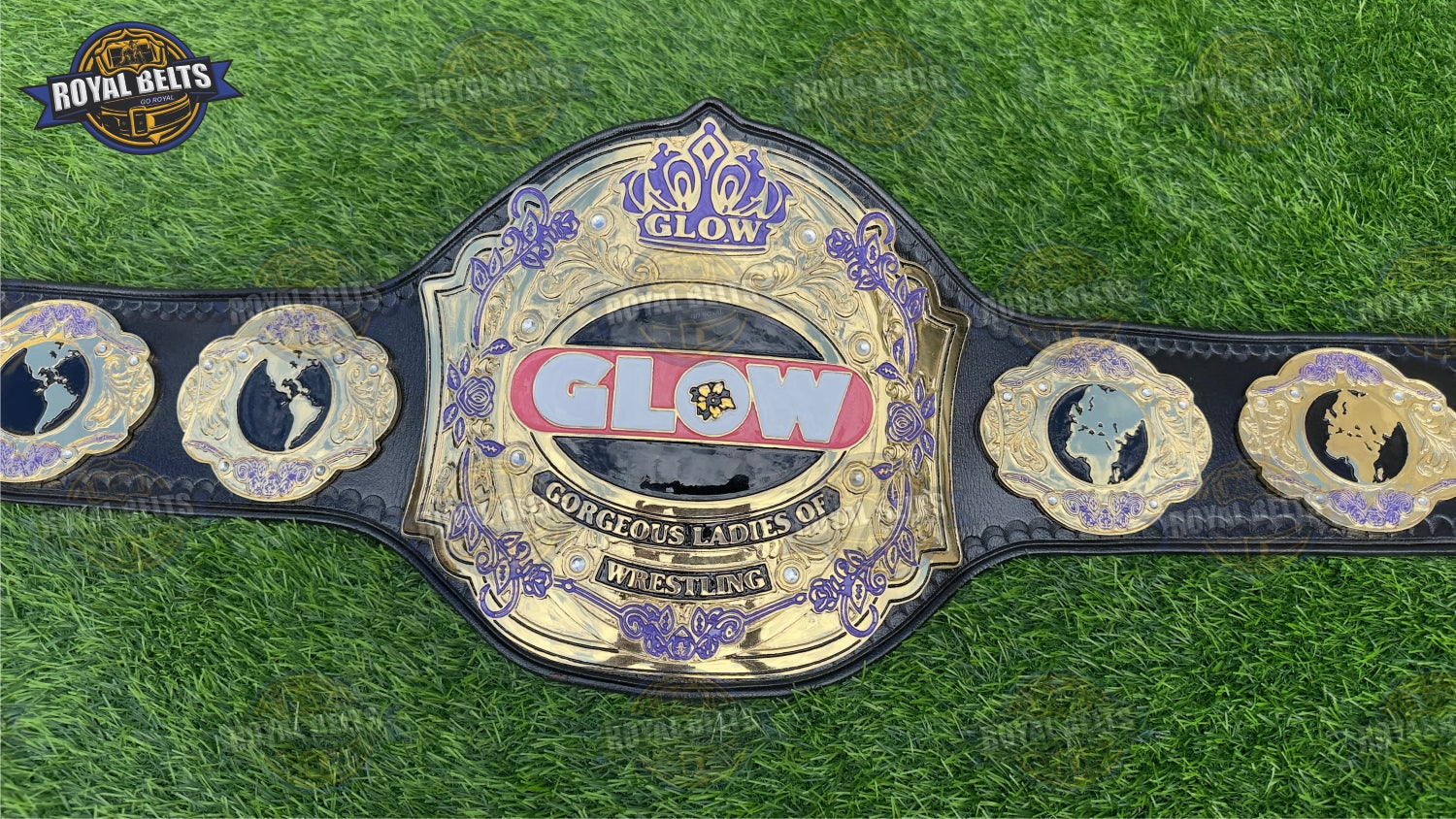 GLOW wrestling title belt replica with zinc alloy plates and adjustable snap closure Crafted by Royal Belts