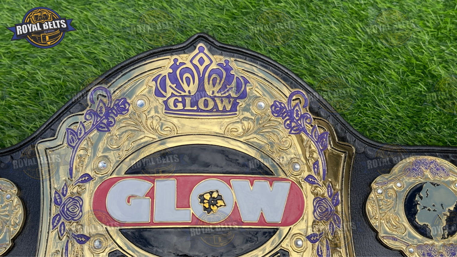 Custom GLOW wrestling belt with deep etched detailing and reinforced leather backing