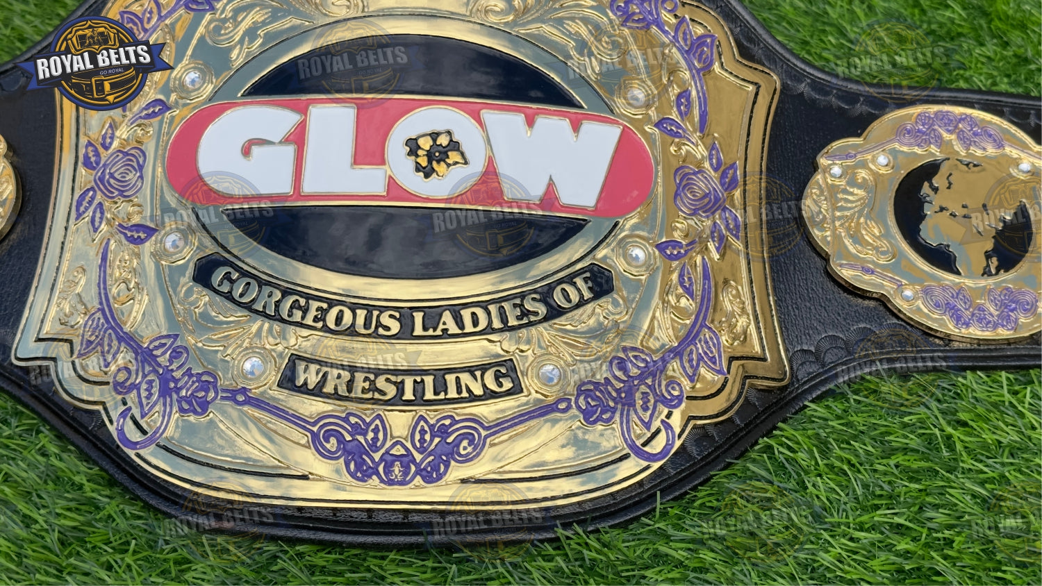 GLOW championship title belt with curved heavyweight plates and professional sizing