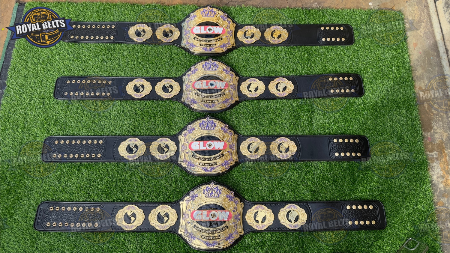 GLOW championship belt showcasing thick metal plates and smooth inner lining