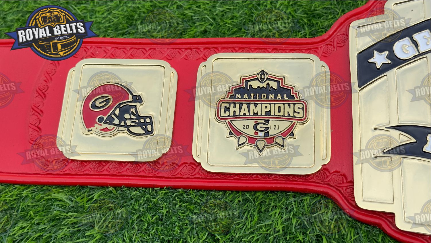 Georgia Bulldog Football Title Belt New Logo with detailed metal plates and leather strap
