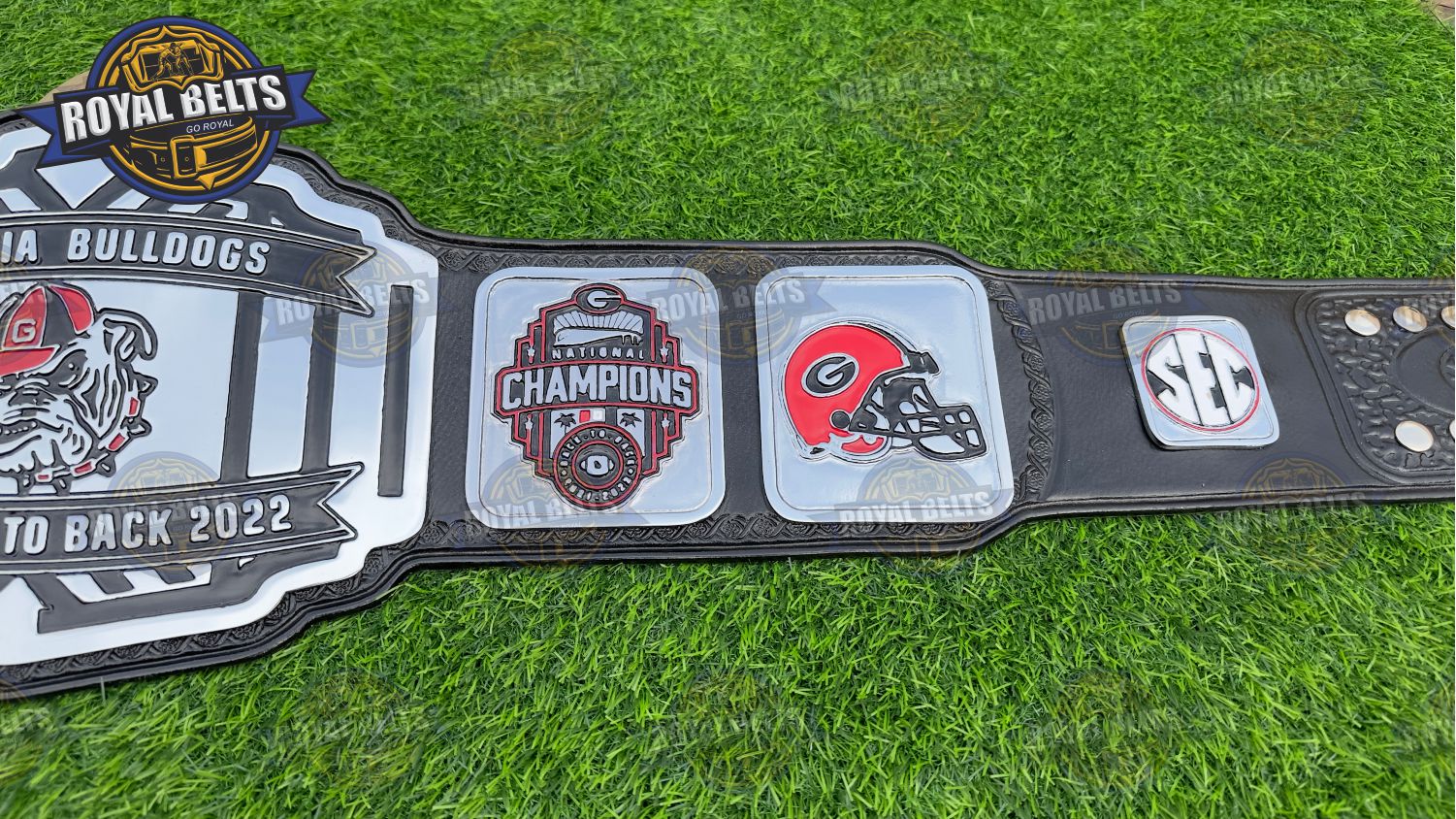 Georgia Bulldog Football National Title Belt with detailed metal plates and leather strap 