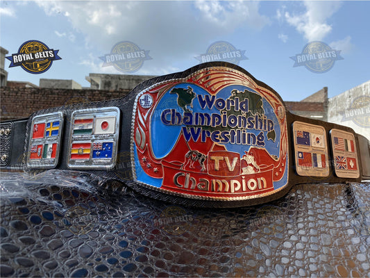 Georgia Television Wrestling championship belt with dual center plate, black leather strap, snap closure Crafted by Royal Belts