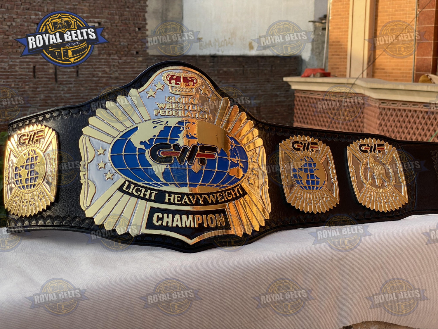 GWF Light Heavyweight Belt, polished gold plates, engraved center, black leather strap Crafted by Royal Belts