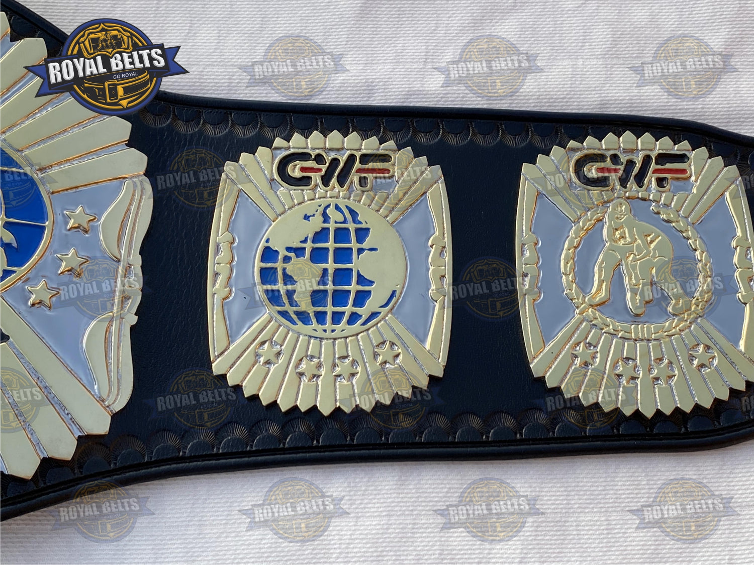 GWF Light Heavyweight Title Belt, polished gold borders, layered metal depth