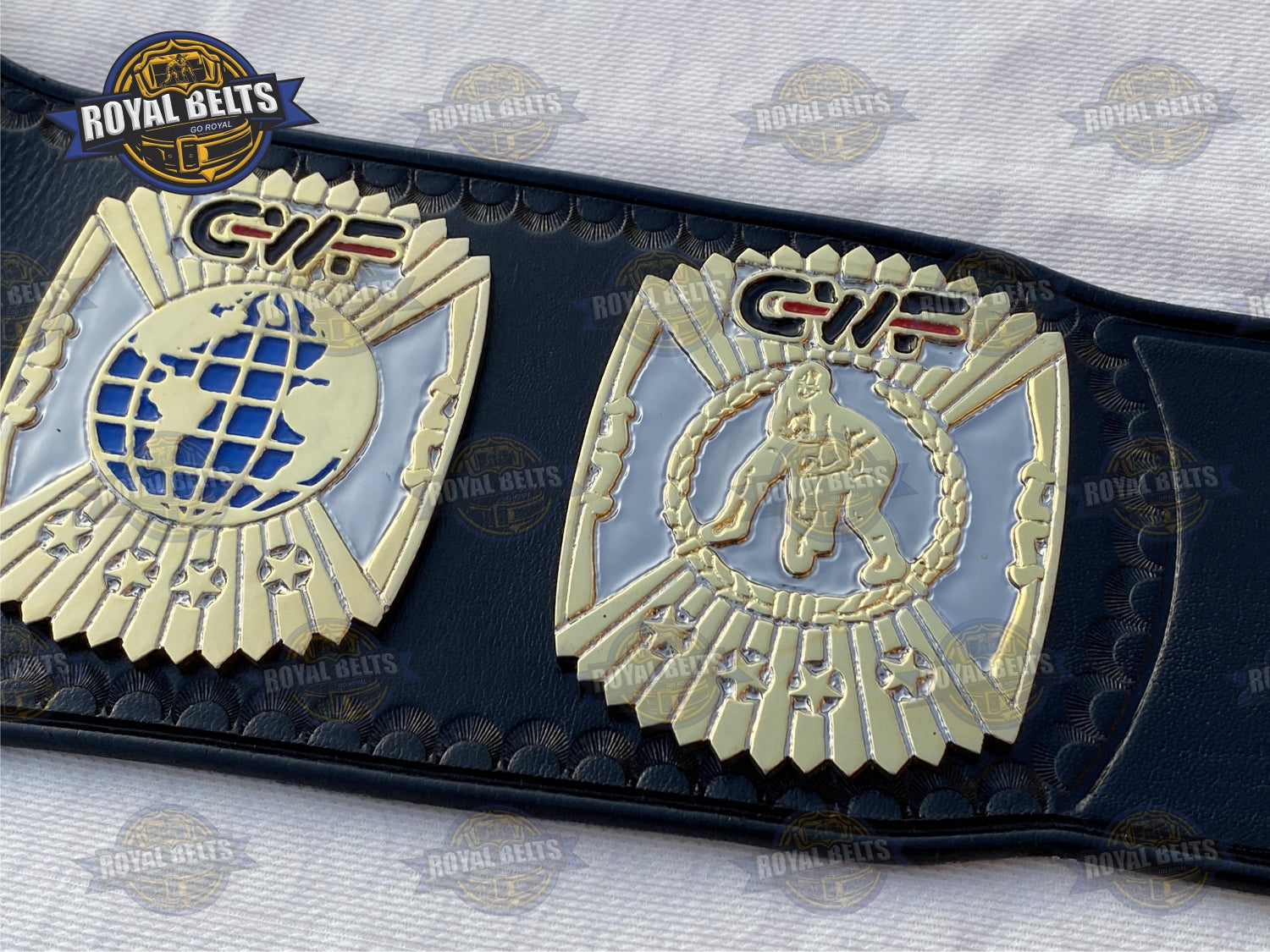 Global Wrestling Federation Championship, mirror finish plates, beveled trim, cowhide leather strap