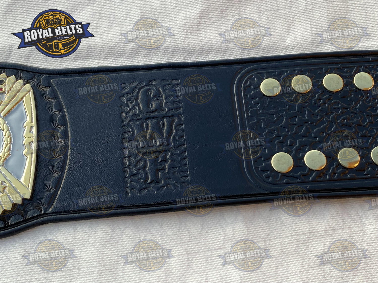GWF Light Heavyweight Belt, polished centerpiece, etched text, snap closure