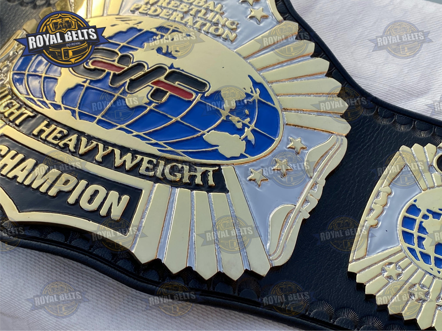 Global Wrestling Federation Title Belt, glossy gold polish, side plate detailing