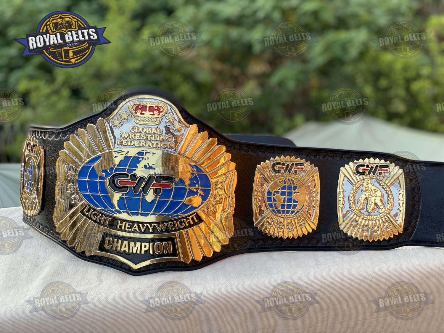 GWF Light Heavyweight Title, smooth polished center, etched borders, leather backing