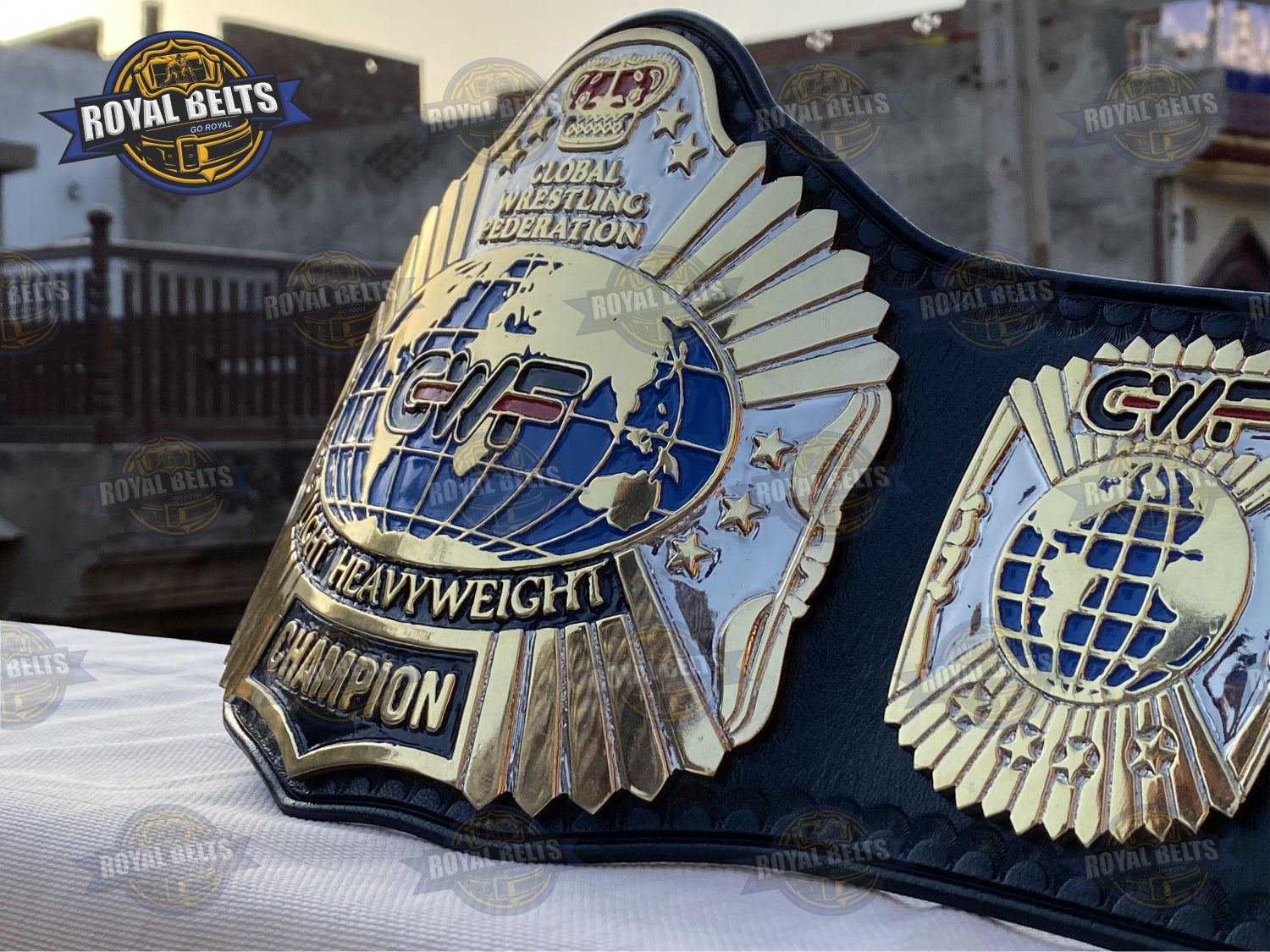Global Wrestling Federation Title, high gloss gold finish, raised emblem, cowhide leather strap