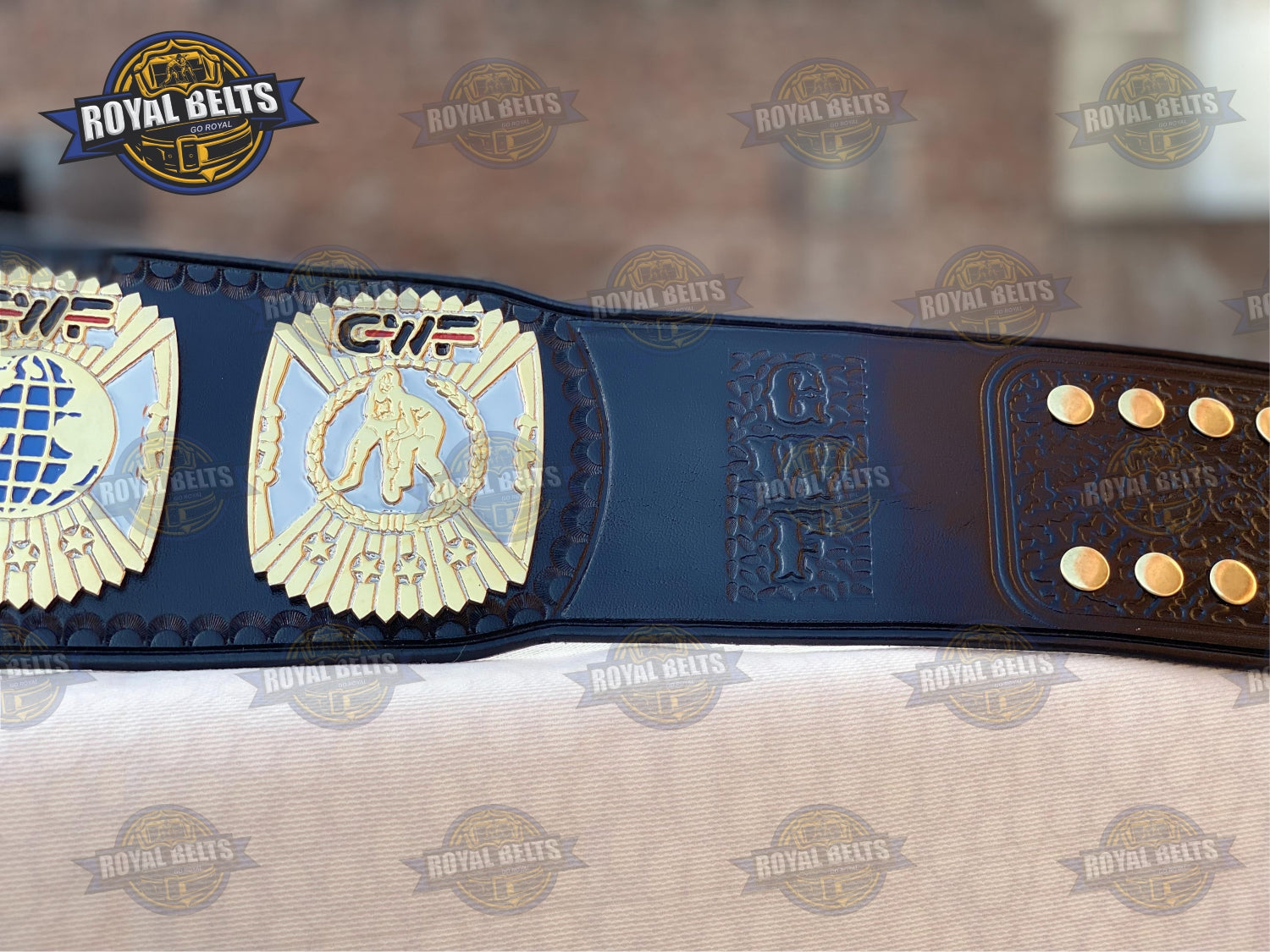 GWF Light Heavyweight Championship Belt, polished plate surface, stitched edges