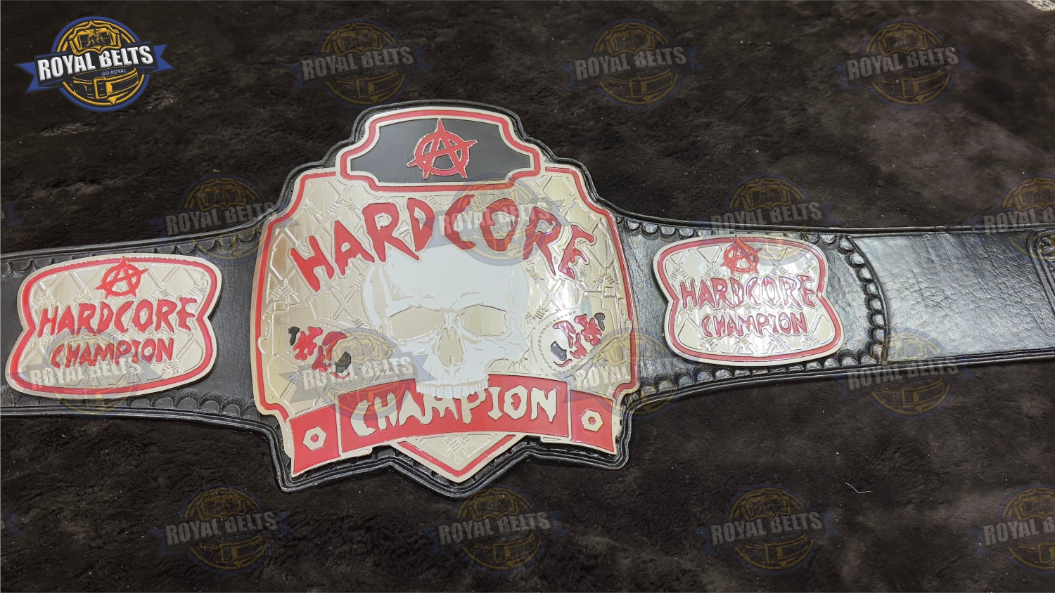 Hardcore wrestling championship belt with gold plates and black leather strap Manufacture by Royal Belts 