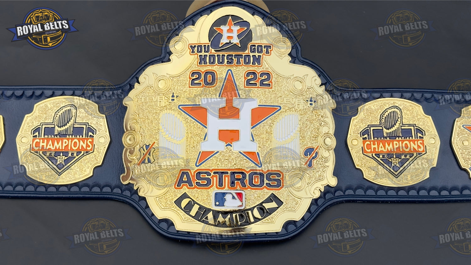 Houston Astros Legacy Championship belt with gold plates, Astros logo center, black leather strap Made by Royal Belts