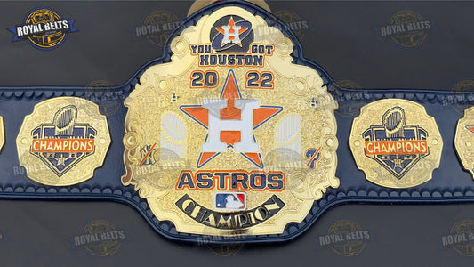 Houston Astros Legacy Championship belt with gold plates, Astros logo center, black leather strap Made by Royal Belts