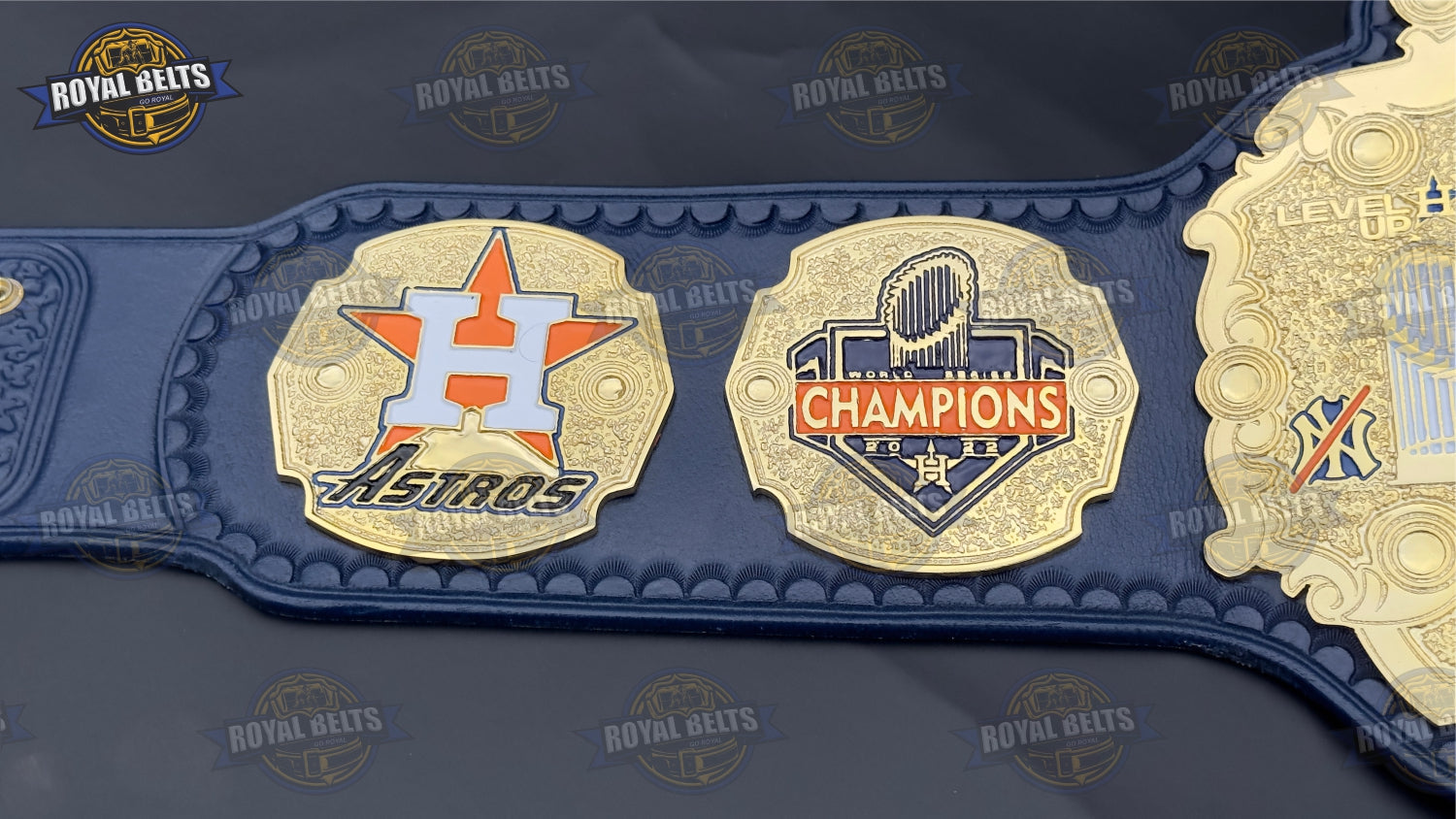 Houston Astros WWE title belt featuring polished gold plates and MLB team branding Crafted by Royal Belts