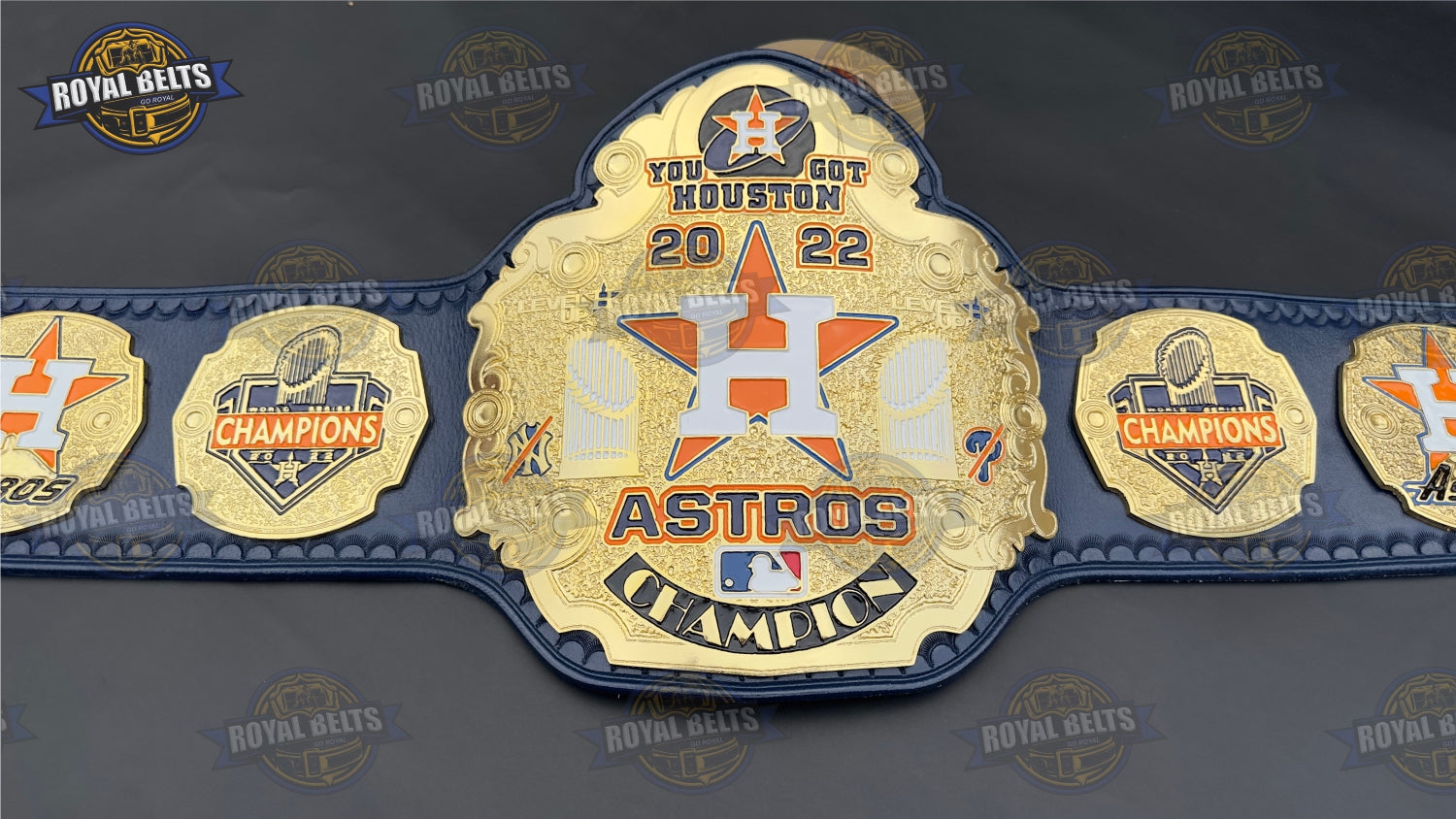Houston Astros belt replica crafted with zinc alloy plates and high gloss gold finish Handmade by Royal Belts