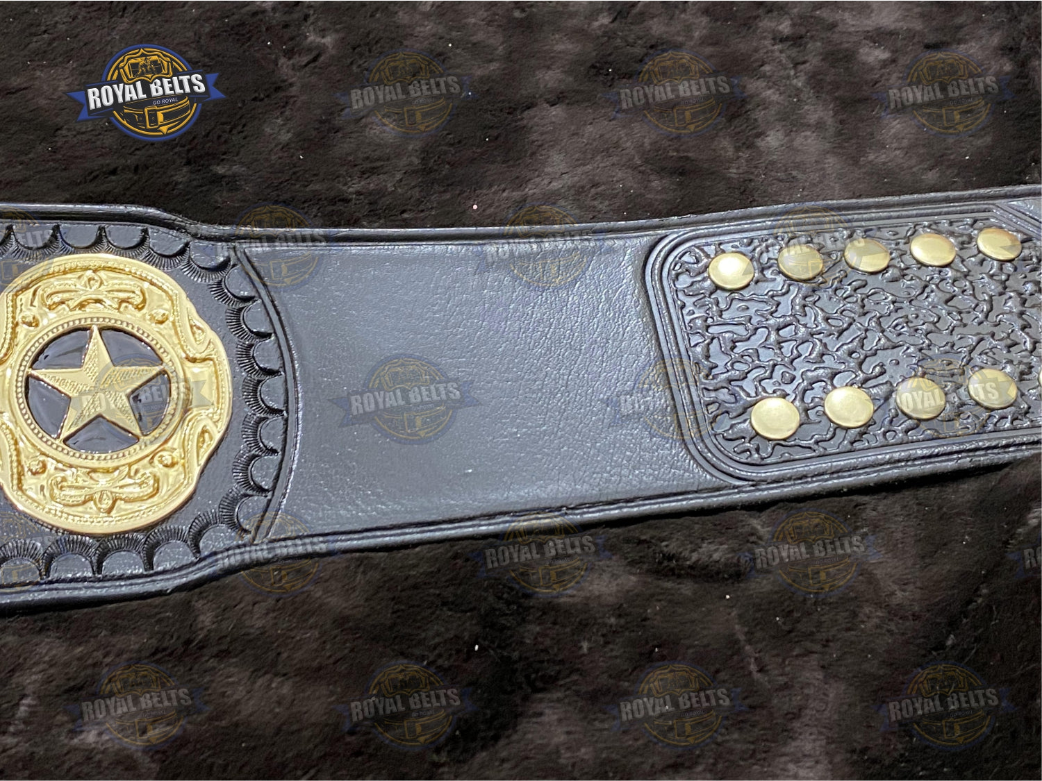 Hybrid Wrestling Federation US belt with beveled gold plates, polished finish, adjustable leather strap