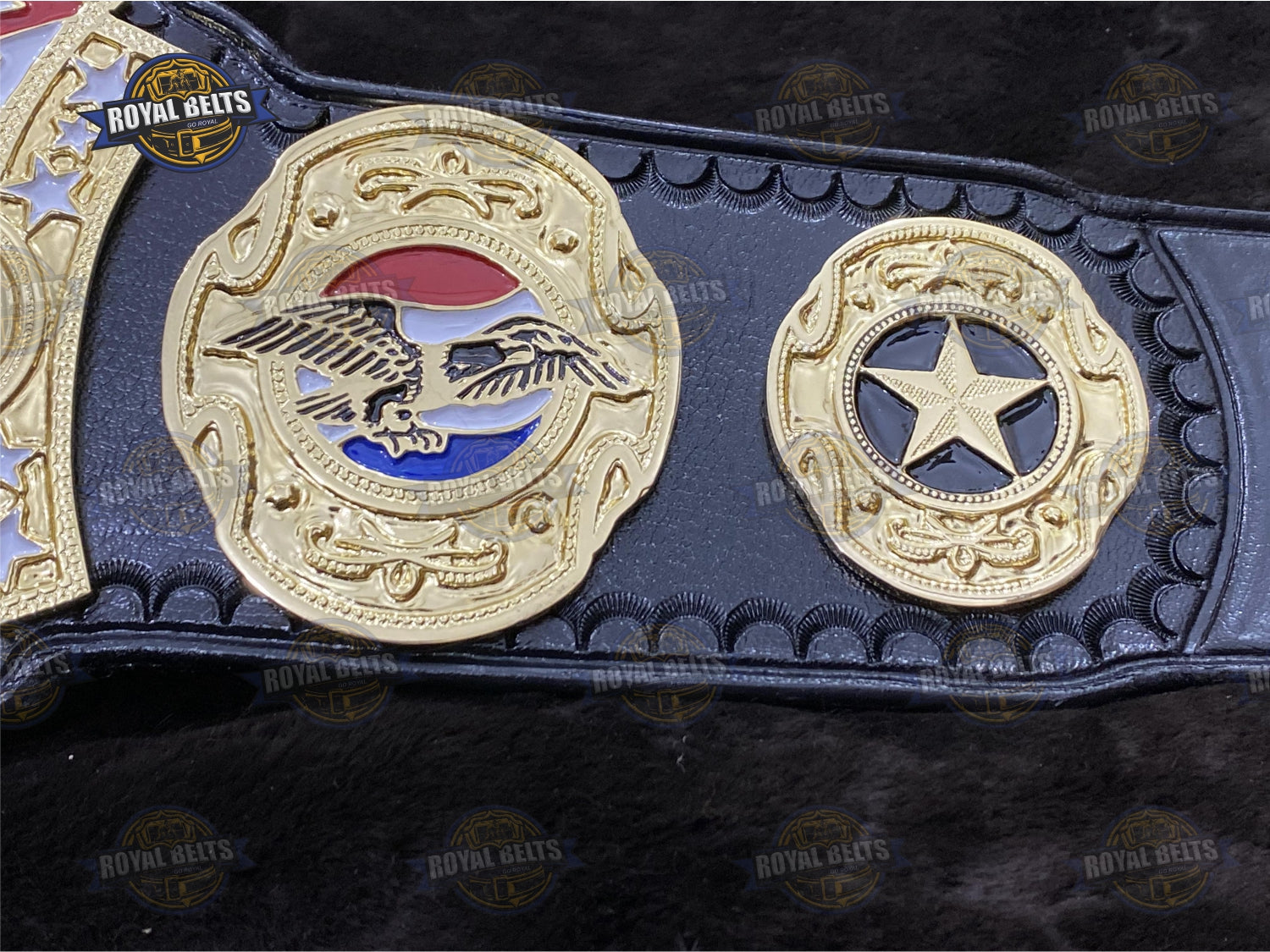 HWF US wrestling title belt with engraved corner plates, high quality gold tone, reinforced leather strap