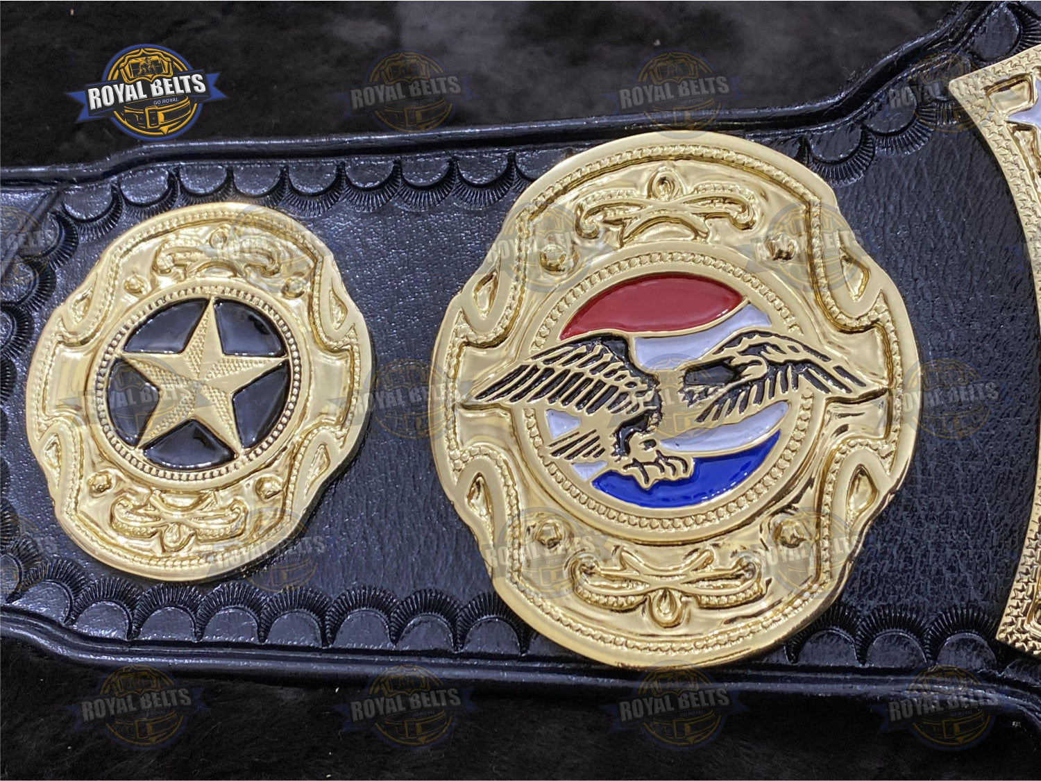 Custom HWF US belt with multi layer center plate, CNC engraving, snap closure leather strap