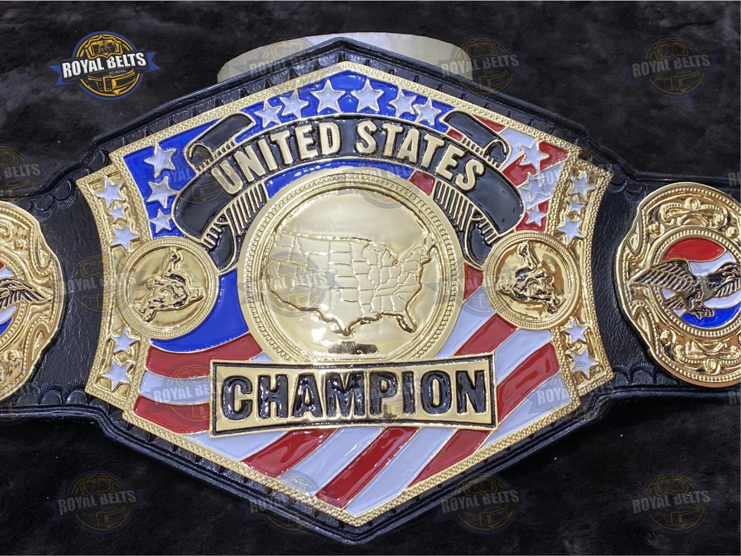 Custom HWF US title belt with raised center emblem, mirror polished gold alloy, adjustable black leather Crafted by Royal Belts