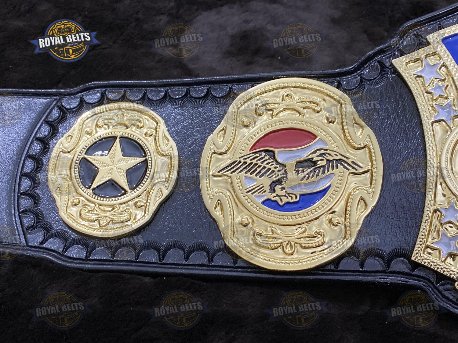 HWF US championship belt with layered gold plates, high gloss finish, reinforced leather backing