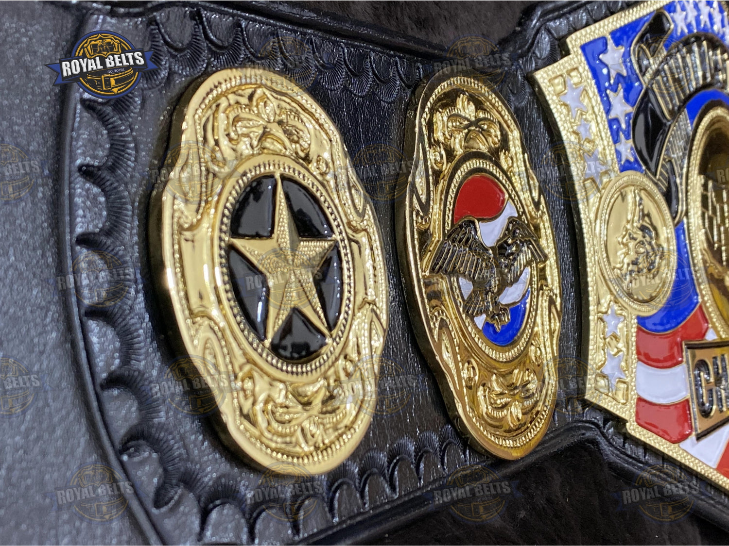 Custom HWF US belt featuring ornate side plates, detailed engraving, premium genuine leather strap