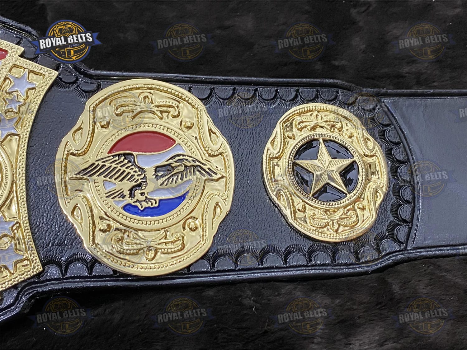 Custom HWF championship belt with deep etched center plate, luxury alloy metal, stitched leather backing