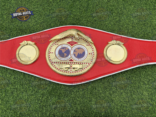 IBF Boxing Championship Belt adult size replica, gold plated center, globe logo, red leather strap Manufacture by Royal Belts