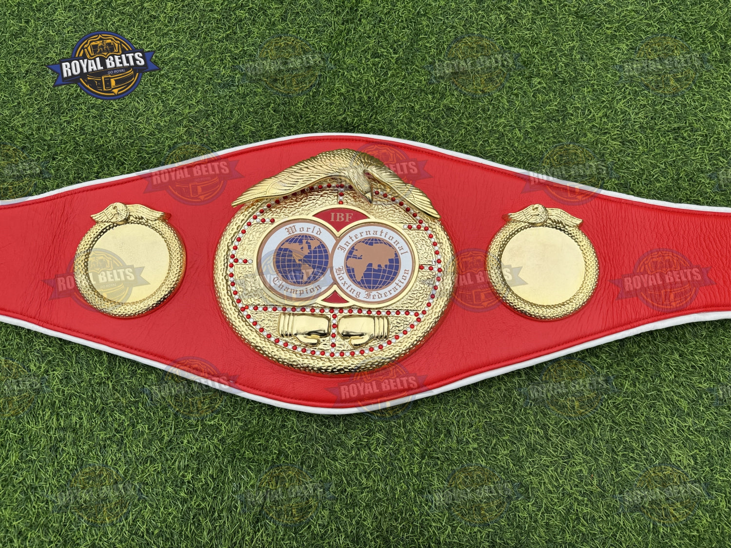 IBF Boxing Title Belt Replica adult fit, embossed IBF emblem, polished gold plates, stitched leather Manufacture by Royal Belts