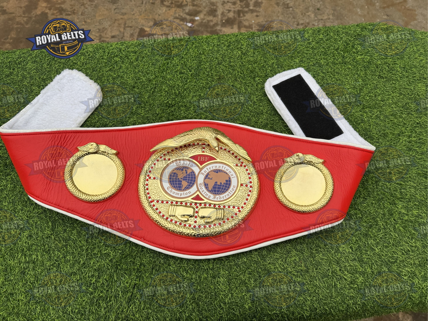 IBF Championship Boxing Belt adult replica, etched side plates, polished gold finish