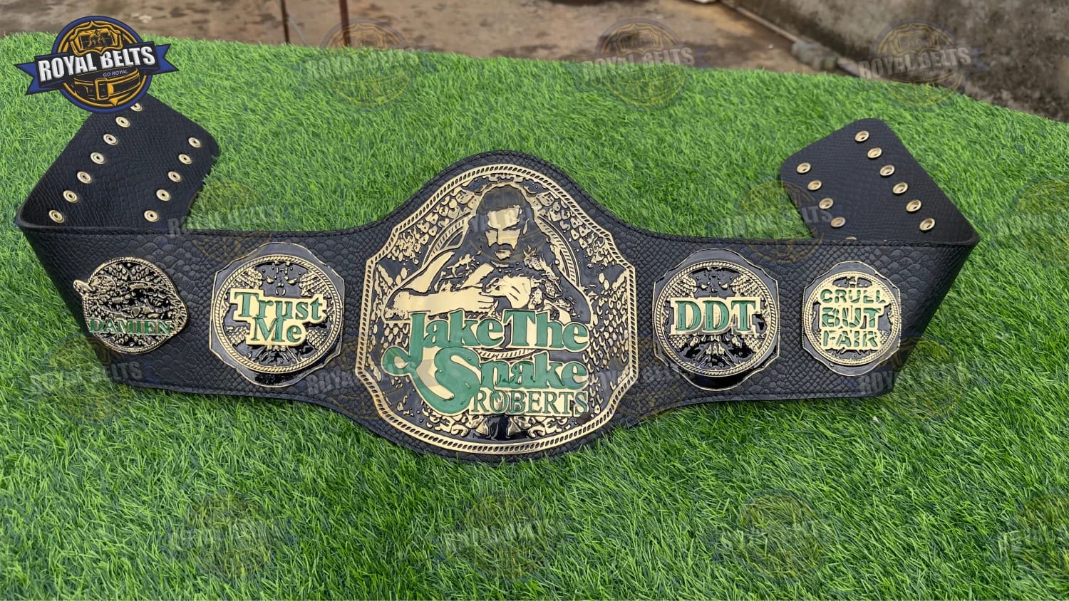 Jake The Snake championship title belt with gold plates and black leather strap Manufacture by Royal Belts 