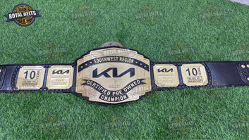 KIA Southwest Region title belt featuring engraved metal plates, adjustable leather backing Made by Royal Belts