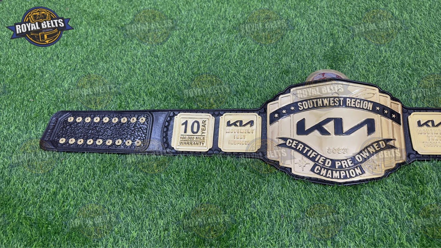 KIA regional championship title belt with heavyweight metal plates and black leather strap Made by Royal Belts