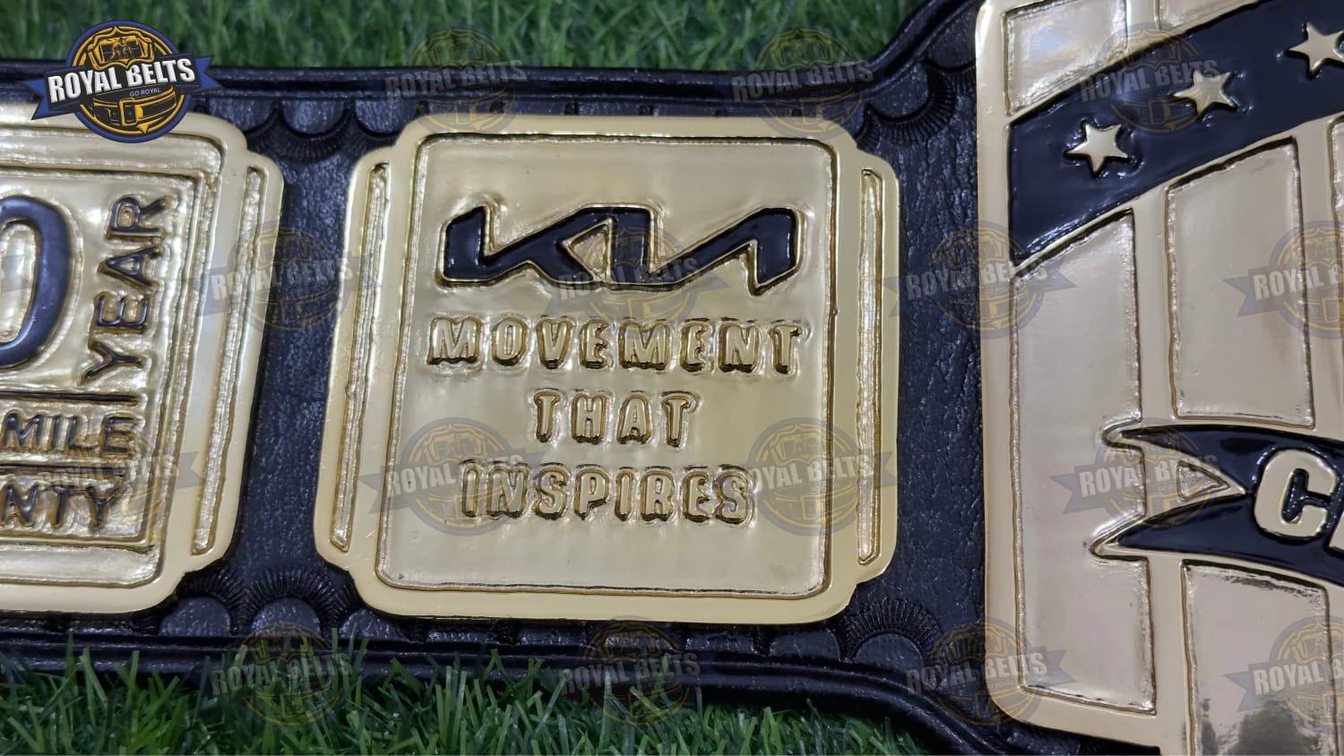 KIA Southwest Region championship belt with premium metal plates and snap closures