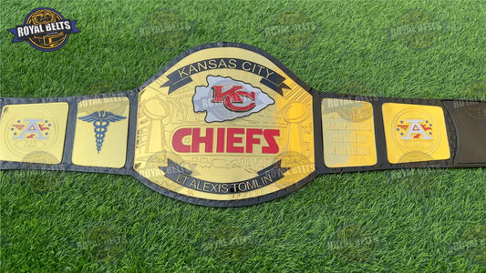 Kansas City Chiefs Super Bowl championship title belt with gold plates and black leather strap Manufacture by Royal Belts 