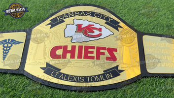Chiefs Super Bowl championship belt replica with engraved metal center plate Made by Royal Belts