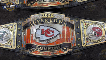 Superbowl NFL championship belt featuring triple layered chrome plates, mirror polished finish, stitched leather backing Crafted by Royal Belts