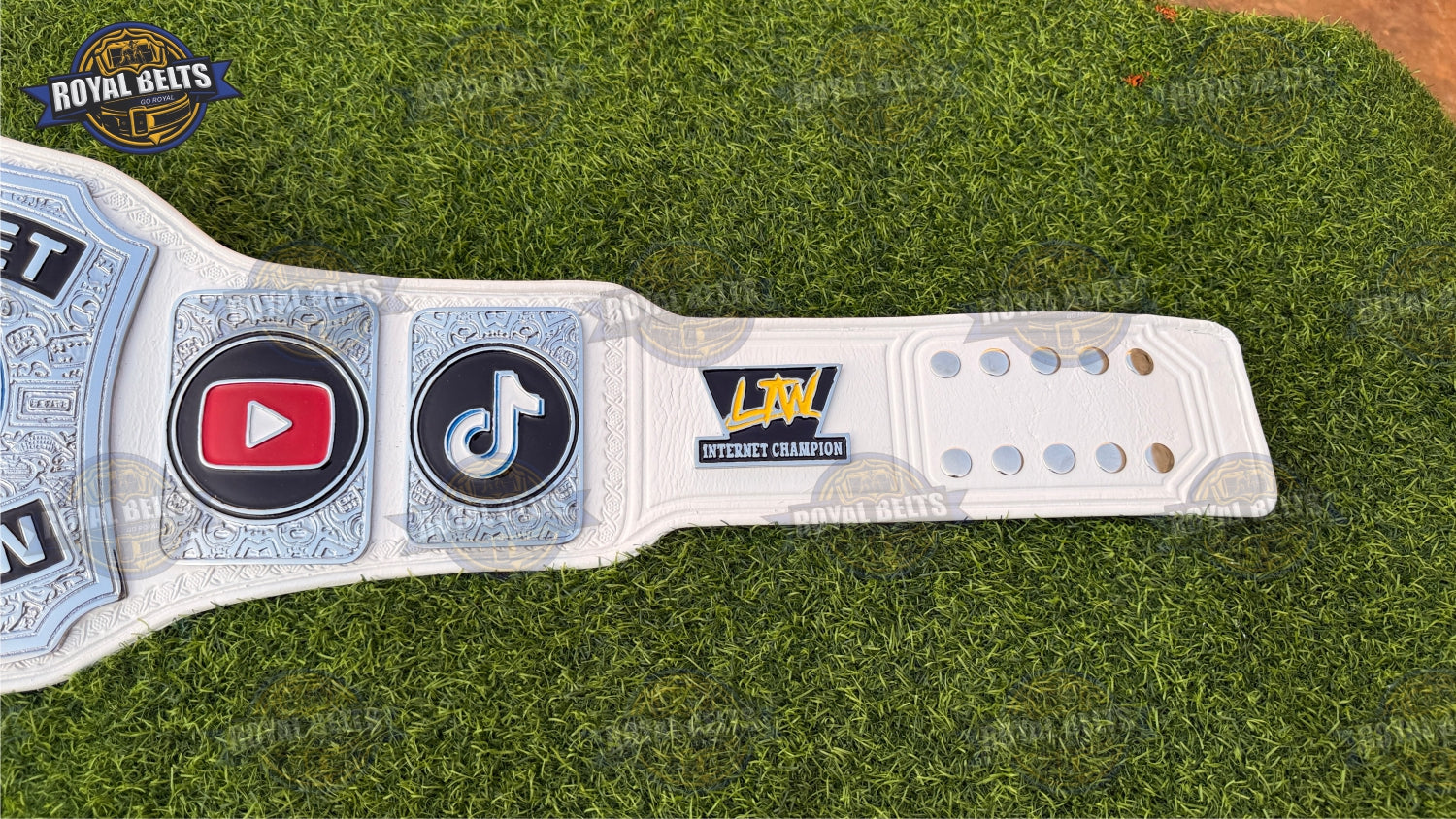 Pro wrestling championship belt replica with LTW Internet branding, cowhide leather strap 