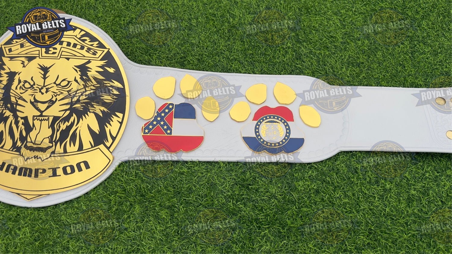 Legends Tiger custom championship title belt with detailed center plate