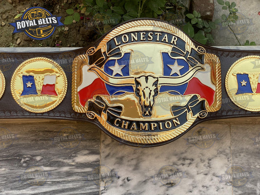 Lonestar Texas Championship Belt zinc plated center, engraved star design, polished silver tone, leather strap Manufacture by Royal Belts