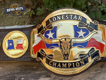 Texas Lonestar Title Belt zinc alloy plates, raised star emblem, stitched black leather backing Manufacture by Royal Belts