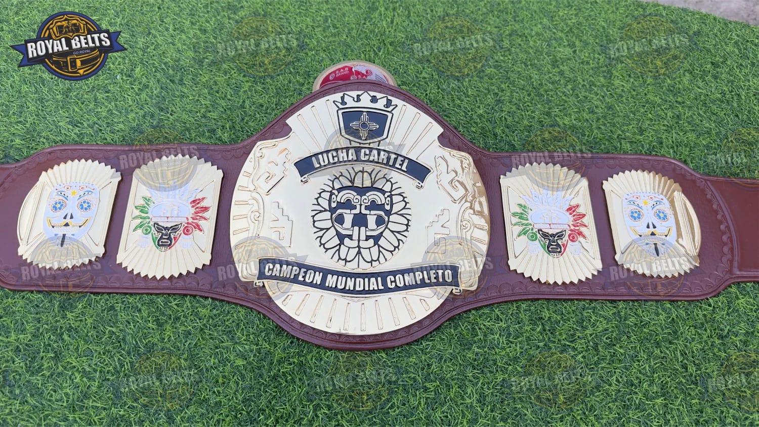 Lucha Cartel Campeon wrestling championship belt with gold plates, detailed etching, Made by Royal Belts