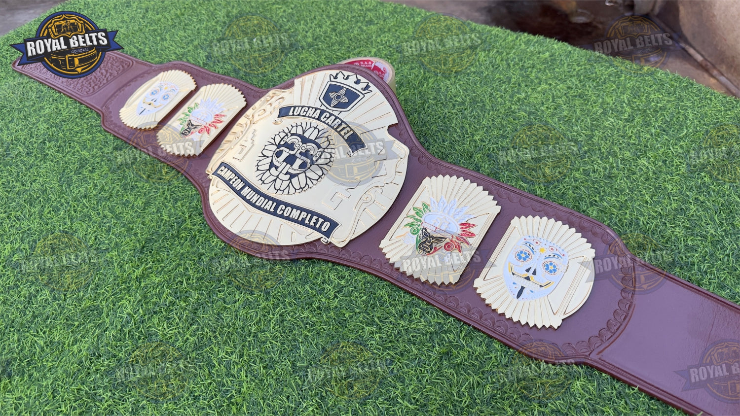 Wrestling championship belt collectible with lucha libre styling and polished gold finish