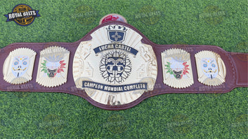 Lucha libre championship belt featuring engraved gold plates, adjustable leather strap, crafted by Royal Belts