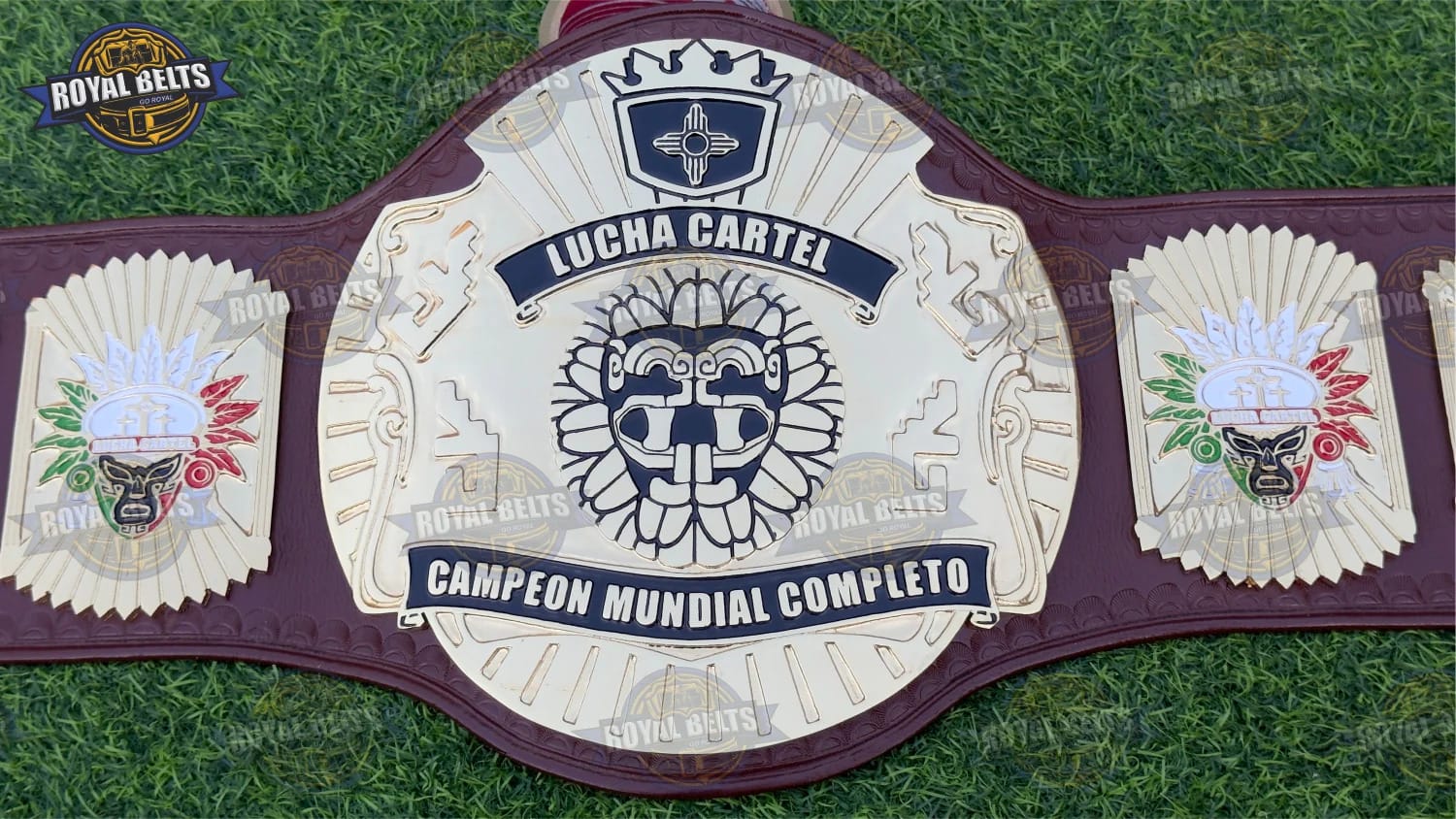 Mexican wrestling championship belt with lucha libre style, engraved gold plates and leather strap Made By Royal Belts