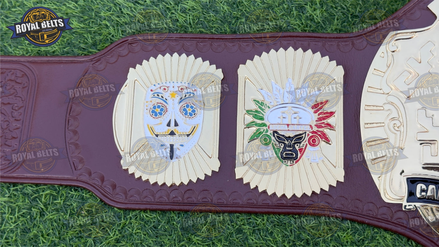 Pro wrestling championship title belt inspired by lucha libre with polished gold plates Manufacture by Royal Belts 