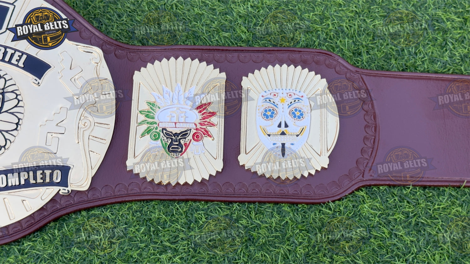 Lucha libre championship belt replica with heavyweight gold center plate and brown leather strap 